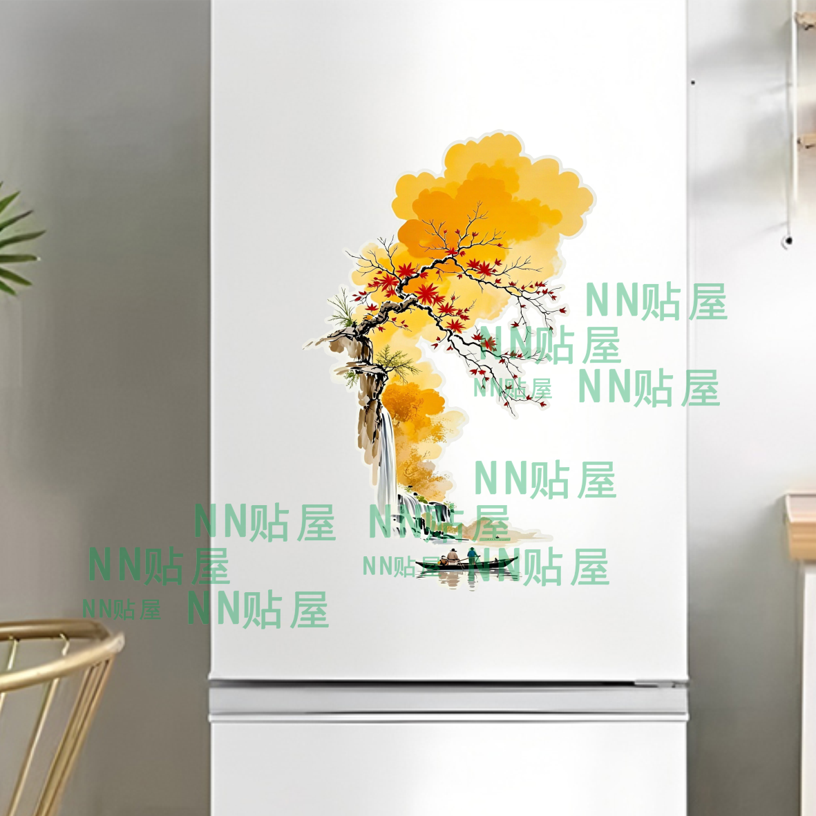 中式水墨枫叶防水墙贴冰箱贴