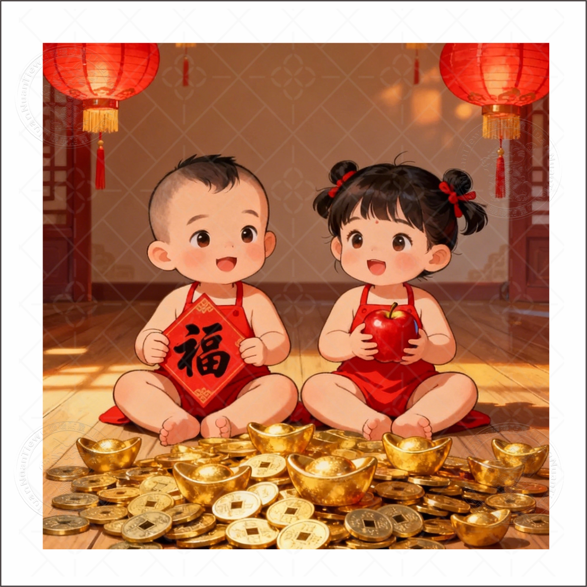 可爱福娃贴画网红中国风新中式年画娃娃海报墙贴画装饰室内自贴贴