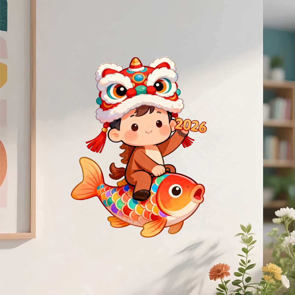 卡通舞狮新年装饰软装贴纸2026马年锦鲤门店橱窗墙贴春节布置贴画