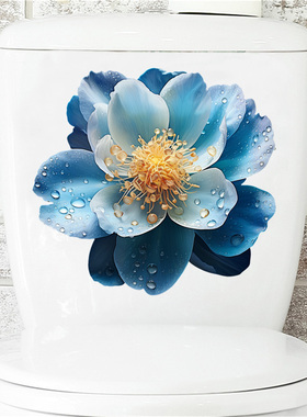 绽放的蓝色牡丹防水贴画卫生间装饰墙贴马桶盖贴纸浴室玻璃贴P172