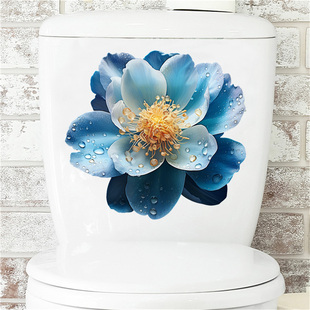 绽放 饰墙贴马桶盖贴纸浴室玻璃贴P172 蓝色牡丹防水贴画卫生间装