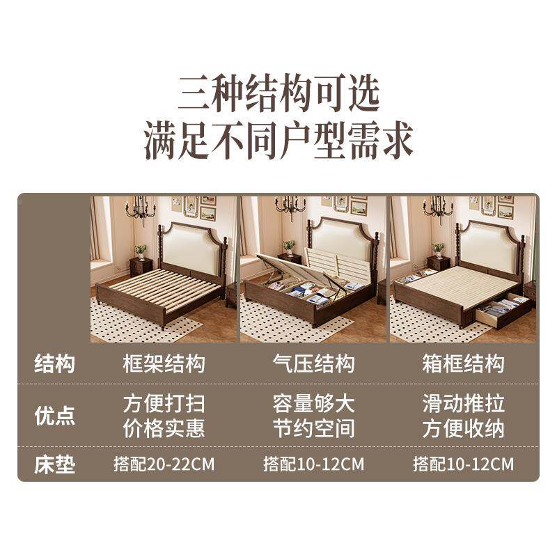 乡村美式木约床头软包床1.8m实双人床现代简法浅咖色DB式床复古欧