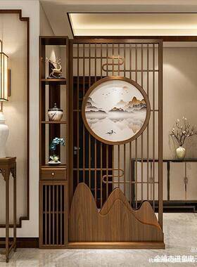 新中式实风格栅玄关隔ZMZ柜客厅家用正对大门入木户进门遮挡屏玄