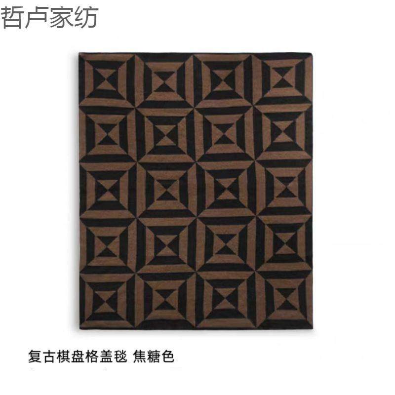 午古棋盘格轻配奢焦糖色复26ij5F6S盖毯航空毛毯装饰搭办公室睡毯