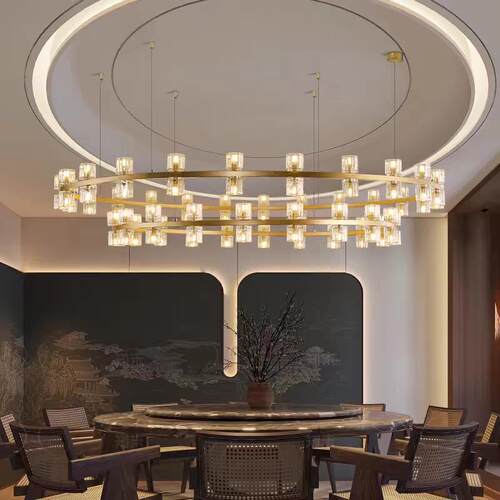 新中式餐厅厢吊灯酒店包大堂店包间家用客厅566饭形玻璃双圆层水