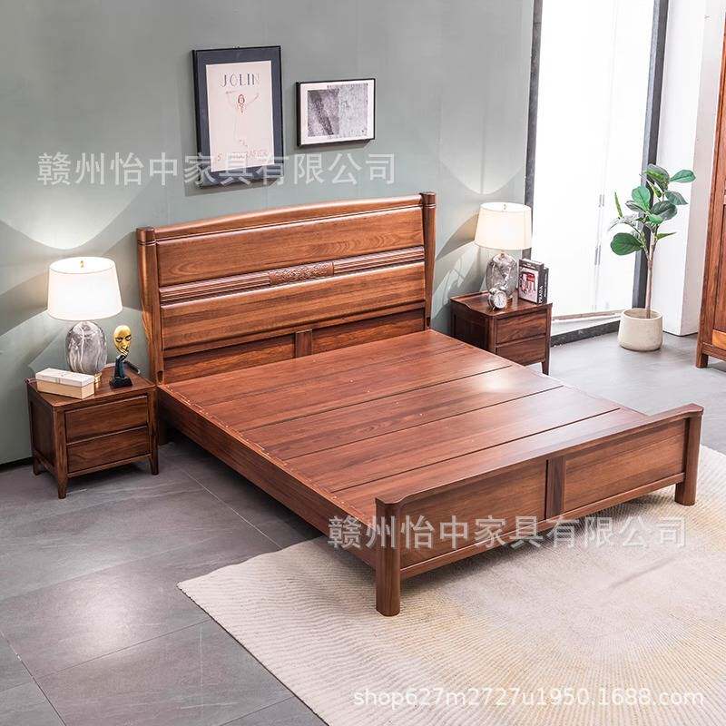 新中式榫卯结构全实木床1.8米双人床1.5简约黑胡桃木卧室家具婚床