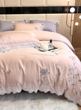 夏季丝滑冰丝件套四ZG-66906田园花卉刺绣品被套床单双面天丝上床