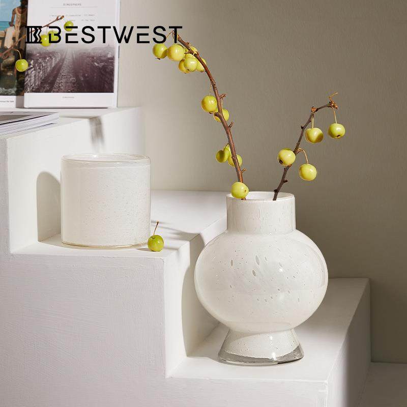 博西家居 简约月光白中古水培玻璃花瓶软装饰品高级感花器摆件