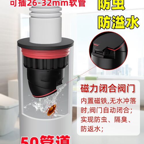 50洗手盆防返水隔臭下水单向磁吸阀75台盆排水管防蚊虫防臭密封塞
