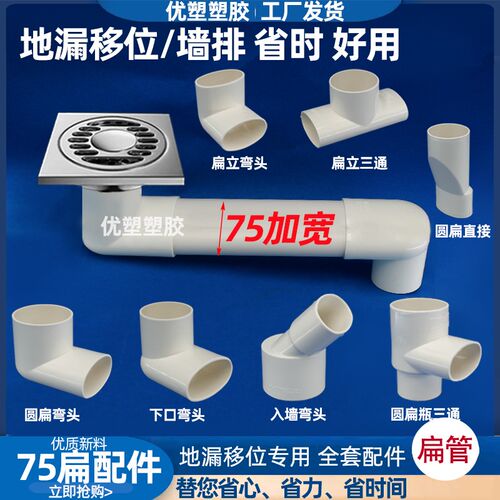 75扁管配件90度弯头移位器PVC地漏阳台厨房卫生间下水管椭圆排水
