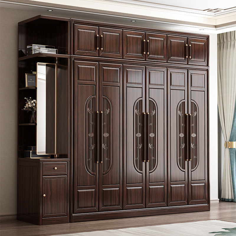 紫金檀木全实木衣柜家用卧室大容量储物柜新中式平开门经济型柜子