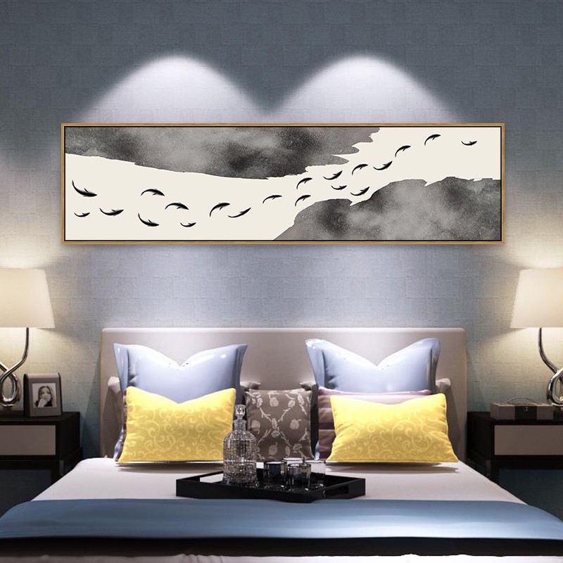 新中式水墨床头画中国风鱼v装饰画卧室客厅荷叶墙画横幅背景墙挂图片