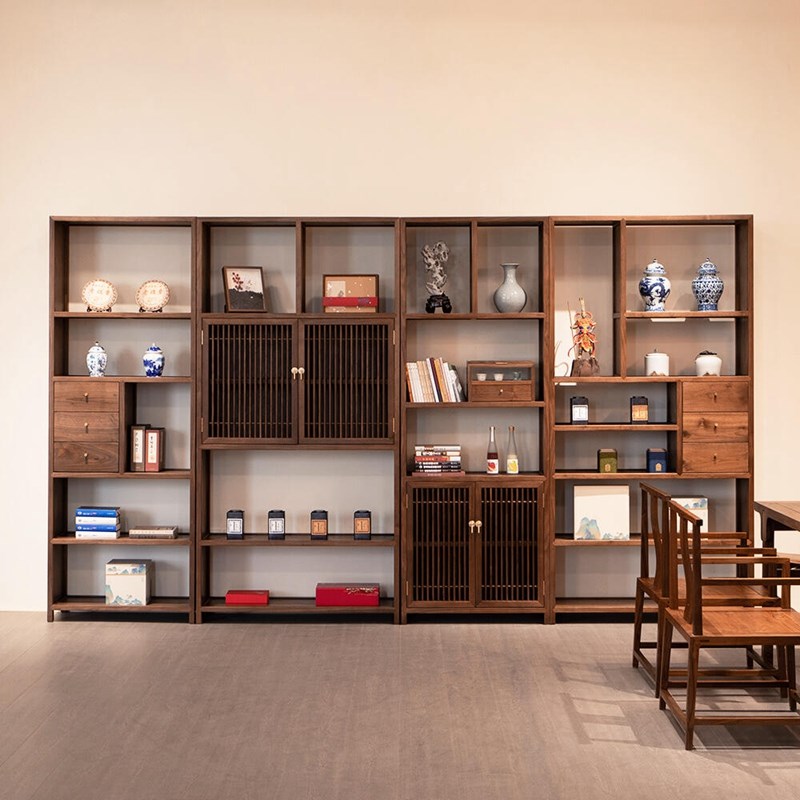 新中式北美黑胡h桃木博古架宋式 美学禅意实木置物柜书柜酒柜家具