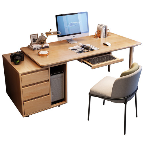 实木书桌书柜一体简约现代电脑桌家用办公桌卧室写字桌子带键盘托