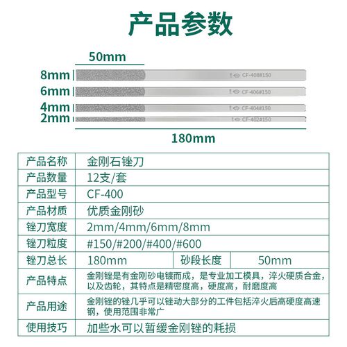 一品金刚石锉刀CF408套装平斜合金钻石金属模具打磨工具薄扁砂锉