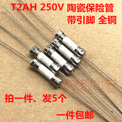 T2AH250V保险管 带引脚线 T2A 250V 陶瓷保险丝慢断 5x20mm(5个)