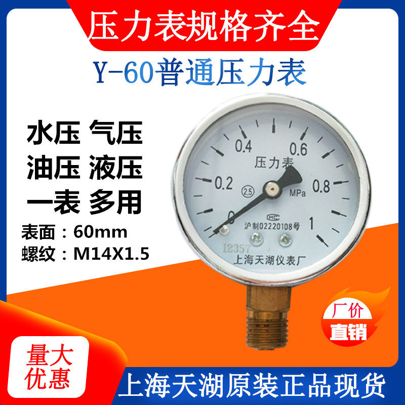 上海天湖径向Y60普通压力表气压水压0- 0.611.6 2.5 4 6 10 16MPA