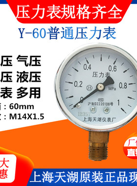 上海天湖径向Y60普通压力表气压水压0- 0.611.6 2.5 4 6 10 16MPA