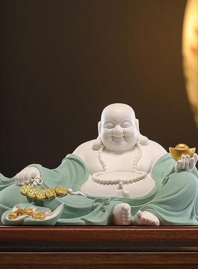 陶瓷招财弥勒佛菩萨佛像摆件大肚开心笑佛客厅玄关办公室装饰品
