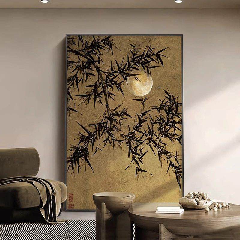 新中式客厅装饰画 画中古风墨竹玄关挂画 画花鸟艺术落地画 画茶