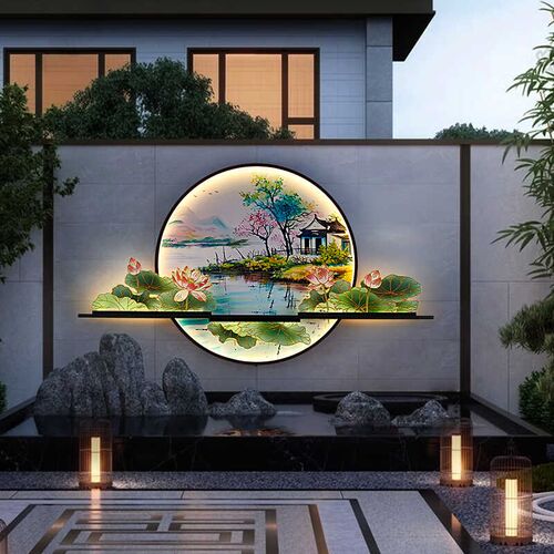 户外荷花壁画灯新中式q庭院防别墅太阳能影壁迎门墙壁挂画发光灯