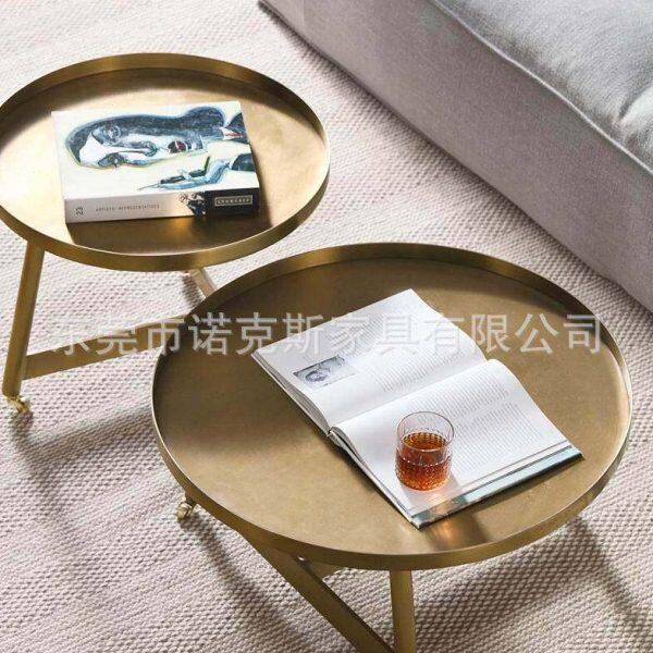 简约后现代不锈钢镀金托盘茶几组合 带滑轮圆形茶桌 沙发边几定制