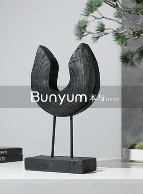 现代轻奢玄关抽象艺术雕塑工艺品展厅办公室高档木V质摆件软装饰