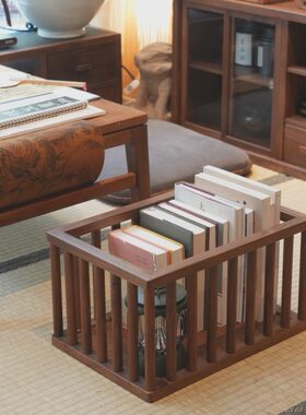 黑胡桃木收纳筐杂物框实木储物盒禅意新中式桌面置物篮