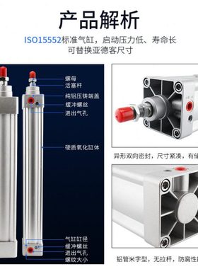 气缸小型气动大全汽缸总成双行程可调SI63大推力加长杆80 125 200