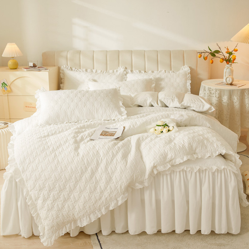 全夹棉床笠式床裙款二合一体四件套纯白色花边被套防W滑罩床上用