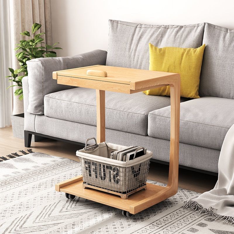 全实木沙发边几可移动U型角几床头床边H桌客厅C型小茶几带轮子边