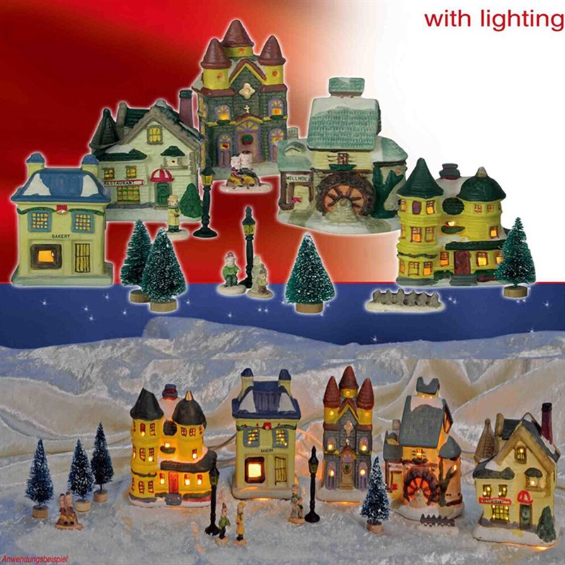 创意复古圣诞组合房子微景观发z光夜灯欧式家居装饰树脂工艺品摆