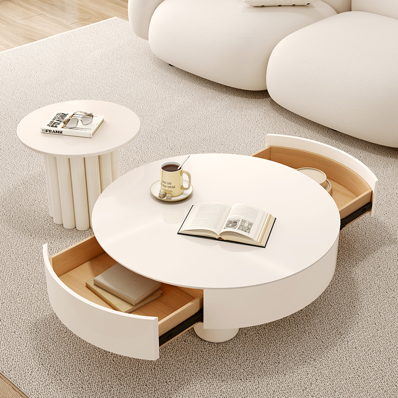 法式奶油风茶几轻奢极简客厅家用圆形岩板茶几储物北欧新款小户型