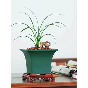 溪山竹隐 粉浆民国官绿四方斗笠花盆 兰花盆景蝴蝶兰君子兰专用盆