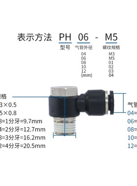 精品黑色气动快速插接头外六角弯头PH4-M5/6-01/8-02/10-03/12-04