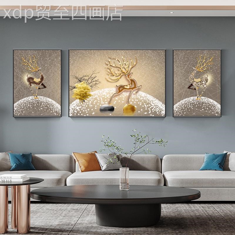 网红厅装饰抽画现几何发财鹿联三画轻奢瓷高客P端背象晶沙发景代