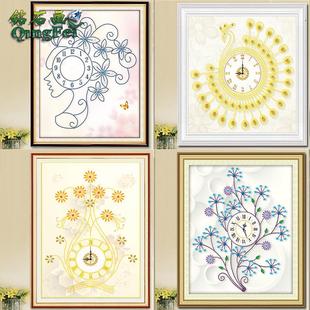 青飞新款简约花瓶钟表十字绣现代美女幸福发财树孔雀挂钟表钻石画