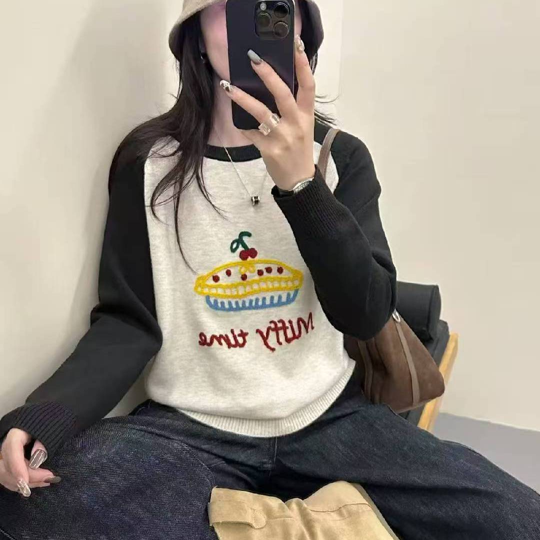 初中生拼色圆领插肩袖毛衣大童少女宽松百搭套头针织衫秋冬薄毛衫