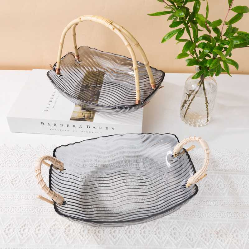 欧式藤编玻璃水果盘大号客t厅家用高级果篮下午茶零食点心茶几托