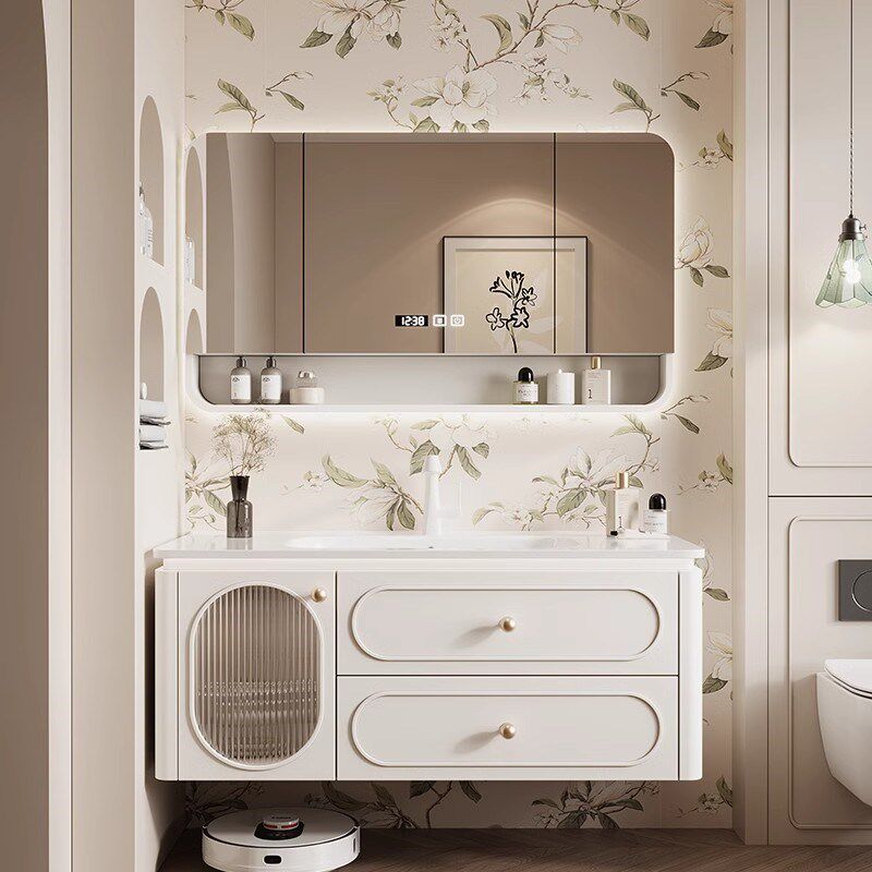 高端法式奶油风橡木烤漆陶瓷一体盆智F能组合卫生间洗脸洗手浴室