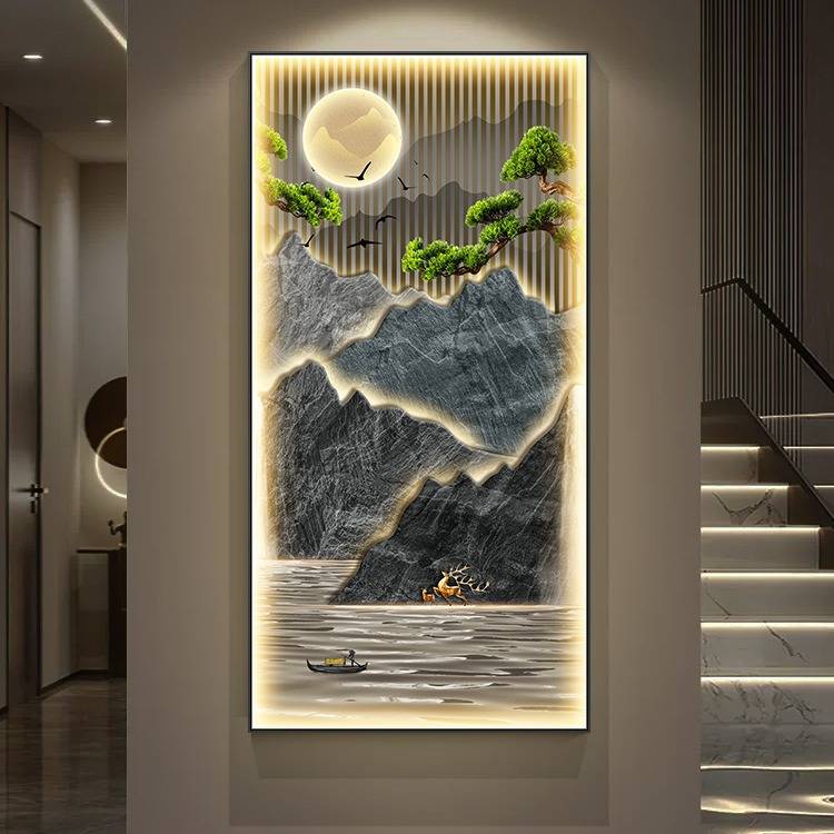 迎客松新中式玄关装饰画入户正对门挂画灯画轻奢高档走廊山水壁画