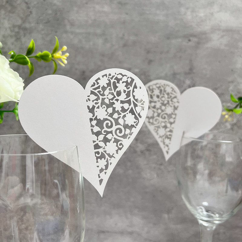 50张精美镂空花爱心红酒杯装饰插卡E婚礼酒桌席位卡名字卡婚庆用