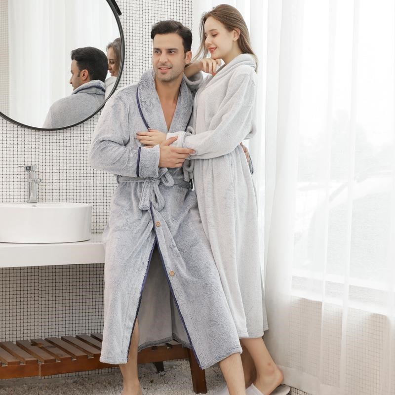 长睡裙女冬季法兰绒加厚睡袍y情侣大码宽松连体睡衣纽扣浴袍男春