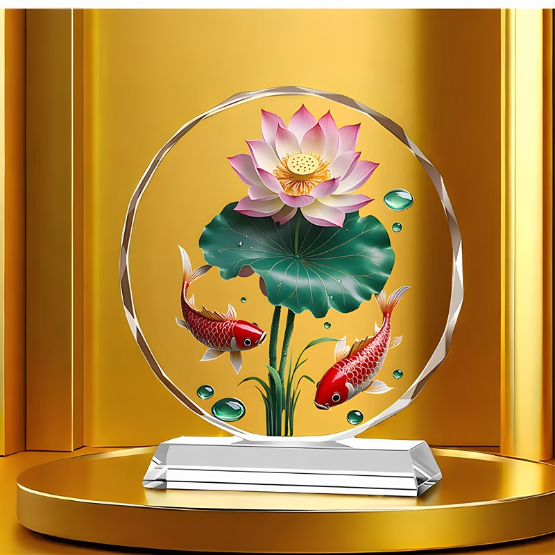 荷花锦鲤水晶摆件家居客厅工艺品装饰荷花鱼工艺T摆台桌面乔迁送