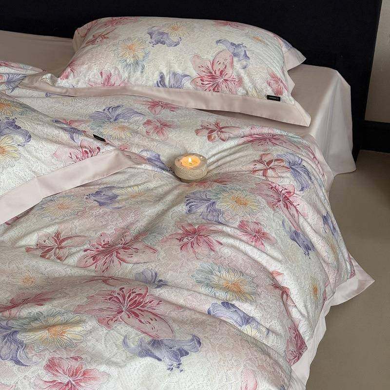 油画风100S长绒棉数码印花四件套浪漫花卉被套四季可用纯棉床品