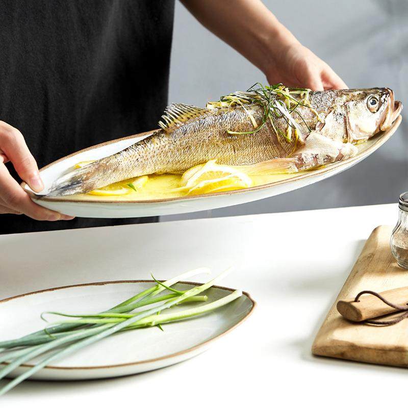 厂家粗陶复古餐厅蒸鱼盘家用椭圆舟型刺身鱼装菜寿司异形陶瓷盘子