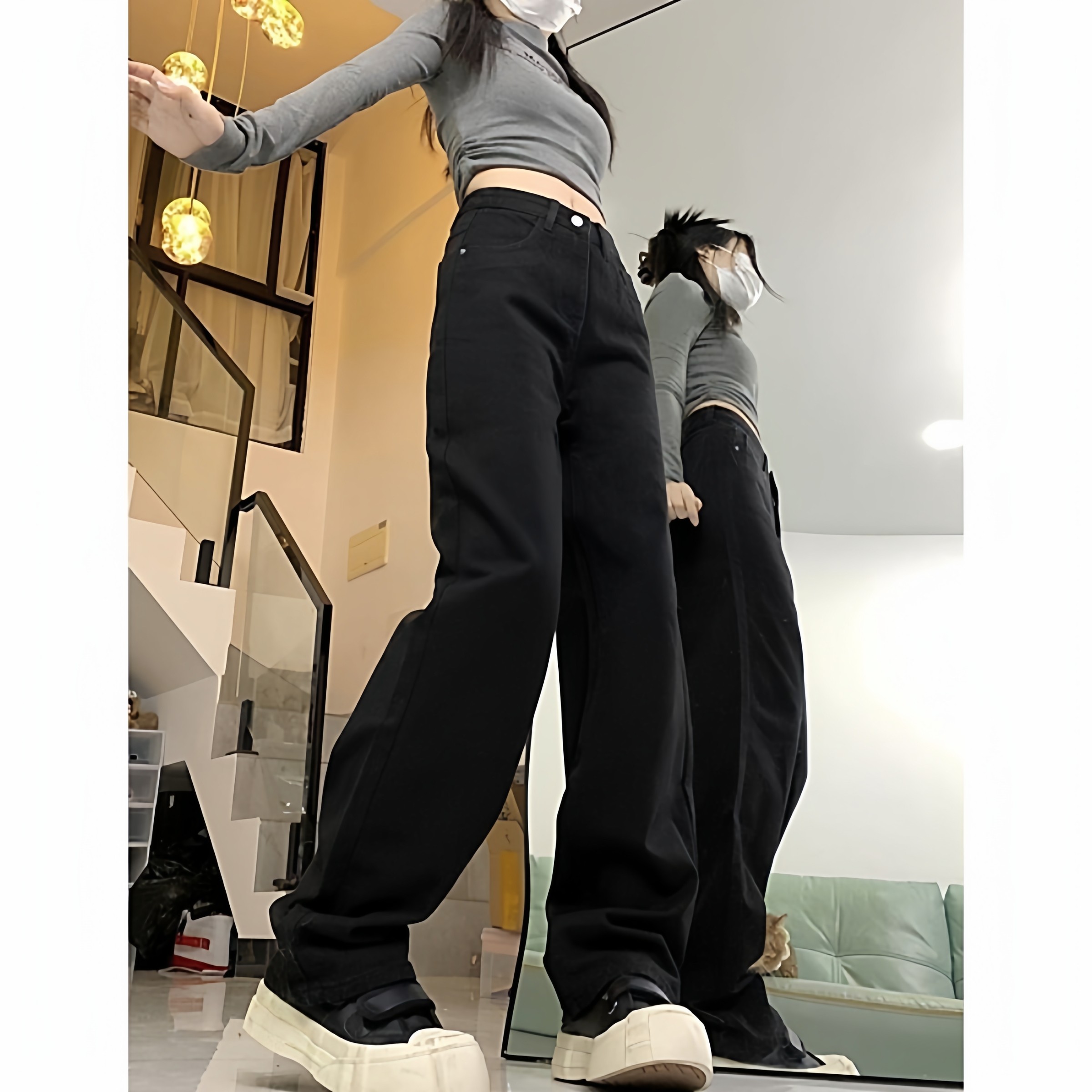 黑色高腰阔腿直筒牛仔裤女韩式直筒宽松新款春款显瘦小个子裤子,女装/女士精品,休闲裤,淘宝优惠券,粉丝福利购,淘宝优惠卷