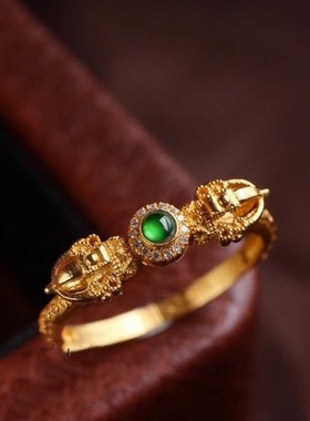 藏式风格金刚伏魔杵戒指女镶嵌祖母绿G锆石工艺细致气质食指戒指