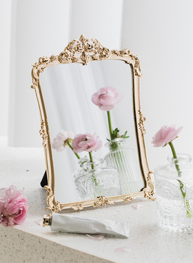 轻奢金属雕花g装饰家用摆放镜子欧式卧室梳妆镜网红化妆镜桌面摆