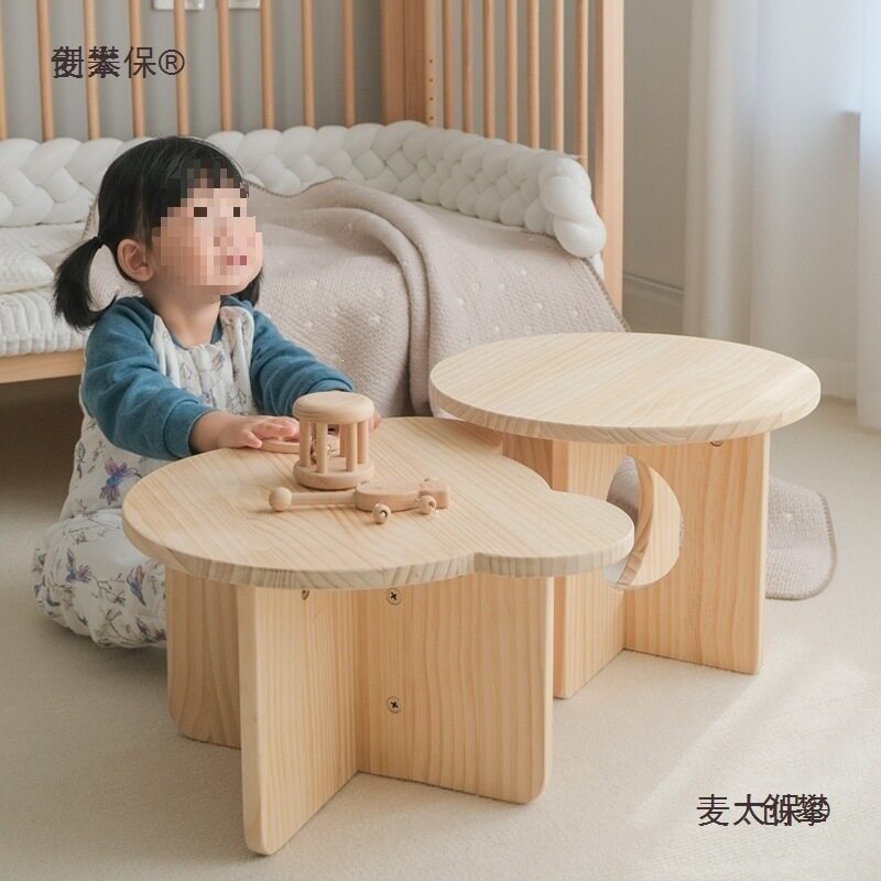 巴然实木桌儿童小桌子幼儿园手工桌小圆桌学习桌韩系小茶几